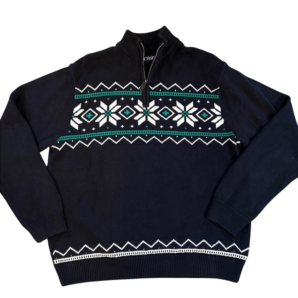 Chaps Mens‎ XL Quarter Zip Sweater Navy Blue Fair Isle Snowflake Knit Pullover